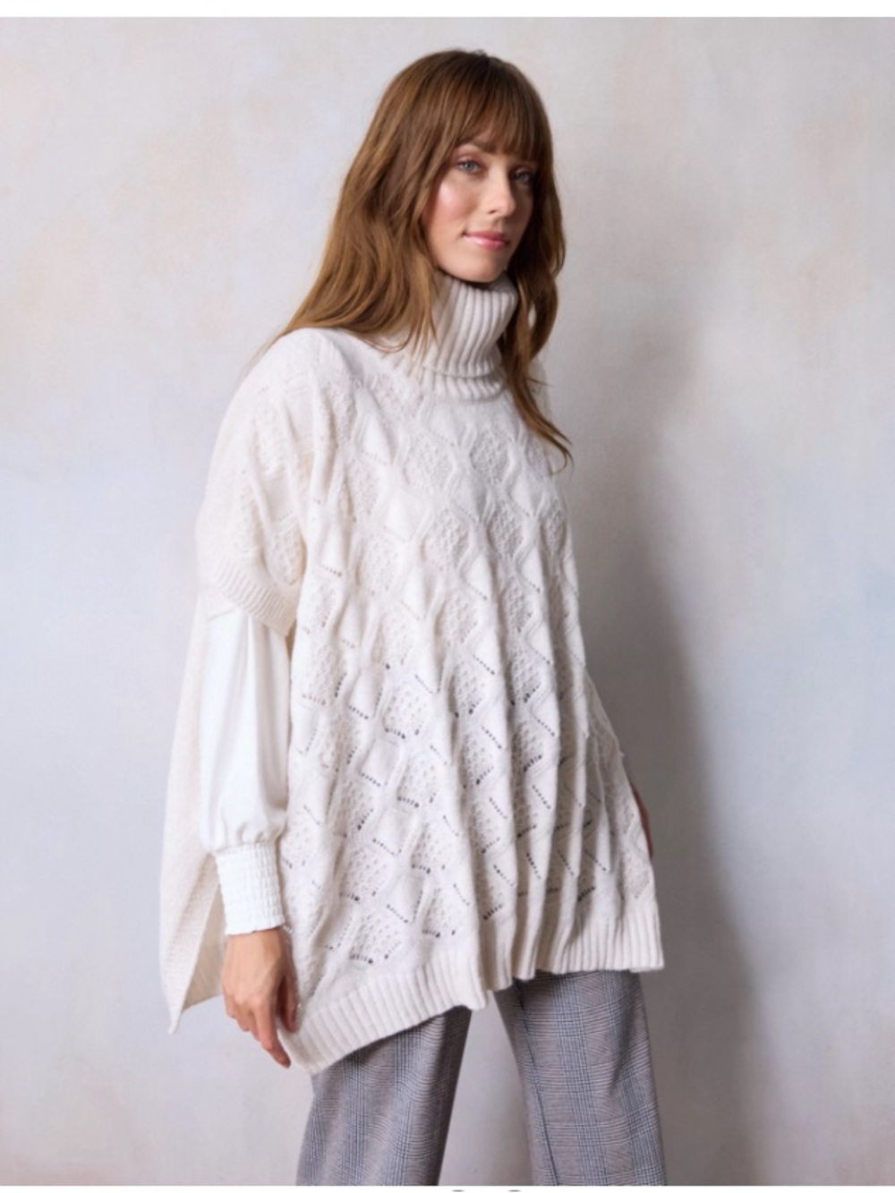 LC Lauren Conrad Pointelle Knit Metallic Poncho Sweater - Cream / One Size
